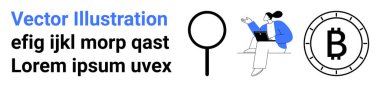 Büyüteç, dizüstü bilgisayarda çalışan kadın, Bitcoin sembolü, rastgele metin. İş, teknoloji, kripto para birimi, analitik, araştırma, finansman dijital trend iniş sayfası için ideal