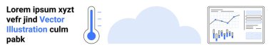 Sıcaklığı gösteren termometre, bulut ve çizgi ve çubuk grafikli veri görselleştirme grafiği. Hava durumu izleme, sıcaklık, iklim, veri analizi, tahmin ve istatistik için ideal