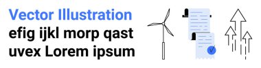 Rüzgar türbini, işaretli belgeler, yukarı doğru oklar. Çevre kampanyaları, eğitim materyalleri, raporlar, bilgi grafikleri, sunumlar, web siteleri, yenilenebilir enerji iniş sayfası için ideal