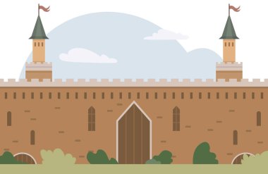 Yüksek duvarlı kale, bayraklı iki kule, merkez kapı, gökyüzünde bulutlar ve yeşillik. Tarih, mimari, fantezi, eğitim, hikaye anlatmak için ideal. Basit vektör biçimi