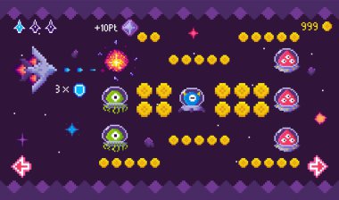 Uzay gemisi piksel sanat atari oyununda uzaylılara saldırıyor. Sarı kürelerle çevrili çeşitli düşmanlar. Uzay gemisi lazer ateşliyor. Oyun, retro temaları, eğlence, nostalji, bilim kurgu için ideal.