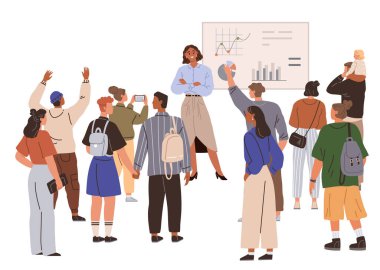 Çeşitli bir grup, bir grafikle ilgili bilgileri açıklayan bir sunucunun etrafında toplanıyor. Çeşitli katılımcılar sırt çantaları ya da bir çocuk taşıyorlar. İş için ideal, takım çalışması, eğitim, liderlik, çeşitlilik. Modern