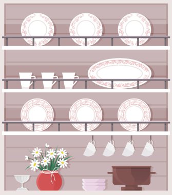 Düzenli bir mutfak rafı dekoratif tabaklar, kaplar, kaseler ve bir vazo. Ev dekorasyonu, mutfak organizasyonu, iç tasarım, mutfak temaları ve yaşam tarzı ilhamı için ideal