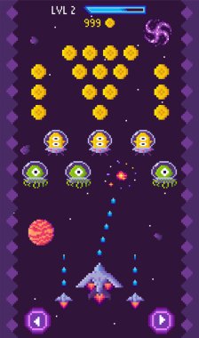 Piksel sanat uzay gemisi yıldızların ve yıldızlı mor arka planda altın paraların arasında uzaylı istilacıları vuruyor. Puan ve seviye göstergeleriyle video oyunu arayüzü. Oyun, bilim kurgu, 1980 'ler için ideal.