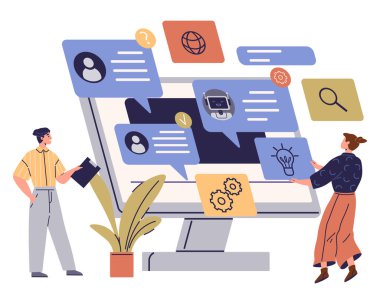 İki insan, mesajlar, dünya, robot, büyüteç ve ayarlar gibi çeşitli dijital simgeleri gösteren büyük bir bilgisayar ekranı ile etkileşime girer. Takım çalışması ve dijital iletişim için ideal