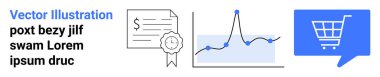 Ödül kurdeleli sertifika, yükselen trendli mali tablo ve diyalog baloncuklu alışveriş arabası. E-ticaret, finansal planlama, sertifika yetkilileri, veri analizi için ideal, çevrimiçi