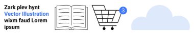 Açık kitap ikonu, 3 numarayı gösteren bir alışveriş arabası ikonu, bulut simgesi, metin öğeleri. Dijital okuma, çevrimiçi alışveriş, bulut depolama, UIUX tasarımı, e-ticaret, kütüphaneler için ideal