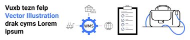 WMS, binalar, dünya, kontrol listesi ve evrak çantalı vektör teçhizatı. Depo, lojistik, işletme yönetimi, eğitim, eğitim planlama danışmanlık sayfası için ideal