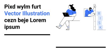 RISK merdiveninin yanında oturan dizüstü bilgisayar kullanıcısı, siyah ve mavi elementli metin tutucu, minimalist tasarım. Teknoloji, iş kavramları, eğitim, modern tasarım, risk yönetimi, pazarlama için ideal