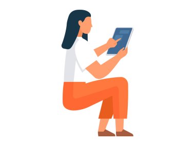 İnternetteki video konferansı sırasında elinde tablet olan bir kadın. Cihaz kullanan iş kadını, sanal internet iletişiminde mesaj gönderen iş kadını. Yazılım kullanarak mekanizmaları kontrol eden kişi