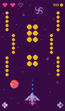 Bir uzay gemisinin engelleri aşarken bozuk para topladığı pikselli bir uzay nişancısı sahnesi. Kalpler hayatları simgeler ve parlak sarı renkte bir skor sergilenir. Oyun oynamak için ideal