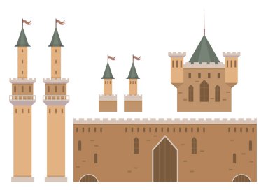 Kuleleri, duvarları ve taretleri olan kahverengi bir ortaçağ kalesi. Birden fazla uzun kule, kırmızı bayraklar ve merkezi güçlendirilmiş bir yapı içerir. Tarihi temalar için ideal fantezi teması eğitici