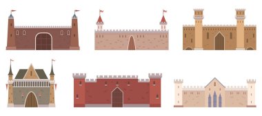 Farklı mimari tarzlara ve renklere sahip kalelerin çeşitliliği. Tarihi çalışmalar için ideal mimari tasarım ortaçağ temaları ve fantezi hikayeleri. Basit temiz biçim