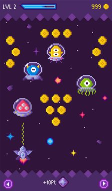 Pikselde canlı uzaylı yaratıklar ve uzayda bir uzay aracı tasvir edilir. Video oyunları, bilim kurgu temaları, atari oyunları, nostalji ve dijital sanat için ideal. Çekici elementler yıldızları içerir