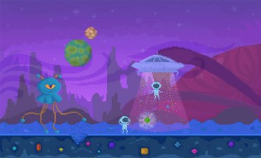 UFO ışınları, dost canlısı uzaylılar ve tuhaf uzaylı yaratıklarla dolu parlak renkli dünya dışı manzara. Sahnede canlı bir mor gökyüzü, uzak gezegenler ve büyülü bir dünya dışı hava var.