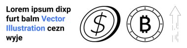 Dolar işareti ve bitcoin içeren iki bozuk para, büyümeyi gösteren yukarı doğru ok, lorem ipsum metni. Finans, yatırımlar, kripto para birimi, ekonomi, iş büyümesi, pazar eğilimleri, dijital