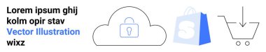 Güvenli bir bulut, üzerinde logo olan bir alışveriş çantası ve bir alışveriş arabası sembolü. Çevrimiçi alışveriş siber güvenliği, e-ticaret, bulut depolama, güvenli işlemler ve dijital pazarlar için ideal