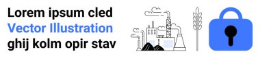 Duman, tarım ikonu ve mavi güvenlik kilidine sahip sanayi santrali sürdürülebilirliği, üretimi ve güvenliği simgeliyor. Sanayi, tarım, güvenlik, çevresel etki, ticaret için ideal