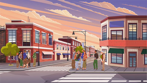 People are gathered on a charming street corner with red brick buildings under a twilight sky. Others walk down the sidewalk while a couple talks near a tree. Ideal for community, social interaction