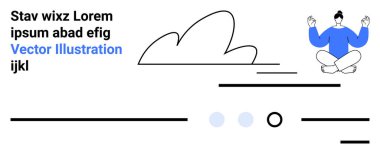 Çizgi film karakteri huzur içinde meditasyon yapıyor, soyut bulut ve çizgiler sakin bir atmosfer yaratıyor. Sağlık, farkındalık, sükunet, rahatlama, minimalizm, kişisel bakım, iniş sayfası için ideal