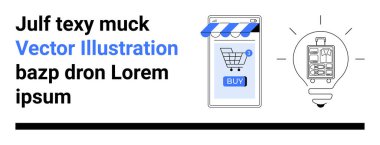 Alışveriş arabalı akıllı telefon ve vitesli ampulün yanındaki satın alma düğmesi. E-ticaret, teknoloji, yenilik, çevrimiçi perakende, girişimler, mobil uygulamalar, teknolojik çözümler için idealdir. İniş sayfası