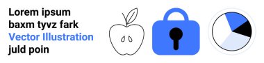 Elma karalaması, mavi asma kilit, turta grafiği yanında Lorem ipsum metni. Eğitim malzemeleri, teknoloji, güvenlik, veri analizi, sunumlar, grafik tasarımı ve posterler için ideal