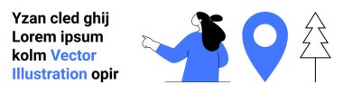 Sağ tarafı işaret eden kişi, aşırı büyük mavi lokasyon iğnesi, ana hatlı ağaç simgesi, sol kısımda siyah-mavi metin. Navigasyon uygulamaları, haritalar, yolculuk planlama, seyahat rehberleri, kullanıcı için ideal