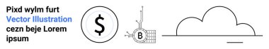 Dolar işaretli sikke sembolü, blok zinciri diyagramı, bulut çizgisi ve metin. Fintech, bankacılık, engelleme, bulut hesaplama, finansal hizmetler, eğitim ve teknoloji için ideal. İniş sayfası
