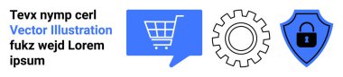 Metin bloğu, mavi alışveriş arabası konuşma baloncuğu, dişli tekerlek ve kilitli mavi kalkan. E-ticaret, dijital hizmetler, güvenlik, teknoloji, alışveriş, web sitesi tasarımı, çevrimiçi koruma için ideal