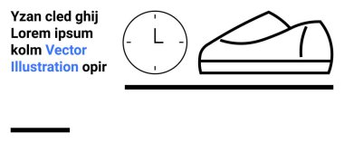 Ayakkabılar, bir saat ve minimalist siyah-beyaz vektör tarzında bir yer tutucu metin. Dijital tasarım, zaman yönetimi, ayakkabı endüstrisi, modern sanat, basitlik, monokrom temaları ve düzen için ideal