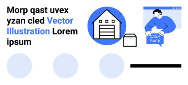 İçinde paket olan modern bir depo, nakit para taşıyan bir pankart, basit bir tasarım. E-ticaret, lojistik, nakliye, pazarlama, depolama, müşteri desteği ve promosyonlar için ideal. İniş