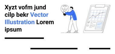 Ampul tutan kişi fikirleri simgeler, veri temsili için grafikli pano ve yer tutucu için lorem ipsum metin blokları. İş sunumları, eğitim, yenilik ve teknoloji için ideal