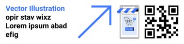 Alış veriş arabası ikonu ve öne çıkan mavi oku olan mobil bir mağazanın yanındaki QR kodu. E-ticaret, mobil alışveriş, dijital pazarlama, QR kod kullanımı, çevrimiçi mağazalar, perakende promosyonlar için ideal