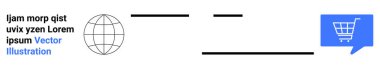 Dünya ikonu, metin satırları ve konuşma balonunda alışveriş arabası sembolü. E-ticaret, çevrimiçi alışveriş, küresel ticaret, pazarlama, dijital satış, perakende satış, kullanıcı arayüzleri için ideal. İniş sayfası
