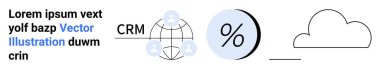 CRM 'nin metin ve simgeleri, yüzde işareti ve bulut. İş stratejileri, veri yönetimi, CRM sistemleri, mali planlama, bulut hesaplama, teknoloji entegrasyonu ve uygulama geliştirme için ideal