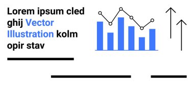 Çizgi çizelgesi olan mavi çubuk grafiği, büyümeyi gösteren yukarı doğru oklar, siyah metin ve altı çizili çizgiler. İş analizleri, mali raporlar, bilgi grafikleri, pazarlama materyalleri, sunumlar için ideal