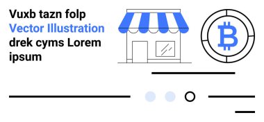 Mavi ve beyaz tenteli dükkan önü, Bitcoin simgesi, metin blokları ve satırları. E-ticaret, kripto para birimi, çevrimiçi ödemeler, dijital mağazalar, finans teknolojisi, engelleme zinciri, iniş sayfası için ideal