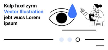 Göz yaşı damlatan bir göz, panoya bakan bir doktor rastgele yer tutucu Kalp faks zifti ve Lorem ipsum. Tıbbi web siteleri, sağlık sunumları, göz bilimi konuları, doktor