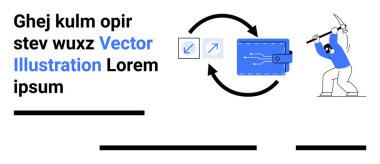 Dijital cüzdan, transfer okları, küçük ve büyük ikon, ve mavili çizgi film madencisi. Fintech, engelleme zinciri, kripto para birimi, çevrimiçi işlem, veri güvenliği, yatırım, teknolojik girişimler için ideal. İniş