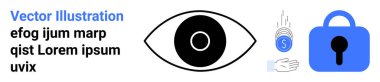 Çevresindeki metinlerle çevrili bir göz simgesi, elinde bir bozuk para ve mavi bir asma kilit. Güvenlik, finans, veri koruması, gözetleme, gizlilik, teknoloji, dijital işlemler için ideal. İniş afişi