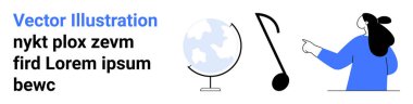 Bir nota ve küreyi işaret eden kişi, siyah bir yan metin. Eğitim, müzik, coğrafya, küresel kavramlar, öğretim materyalleri, yaratıcı içerik, sunumlar için idealdir. İniş sayfası için pankart