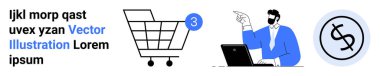 Dizüstü bilgisayarı olan bir adam, 3 tebligatlı bir alışveriş arabası, dolar işareti ikonu. E-ticaret, çevrimiçi alışveriş, iş, finans, web tasarımı, pazarlama, iniş sayfası için ideal