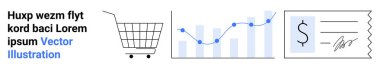 Alışveriş arabası, veri tablosu, imzalı makbuz e-ticaretin büyümesini yansıtıyor. Finans, iş büyümesi, çevrimiçi perakende, veri analizi, pazarlama, mali planlama için ideal