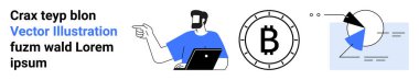 Bilgisayarda yazan iş adamı, büyük Bitcoin sembolü, geometrik şekilli soyut pasta grafiği. Teknoloji, finans, kripto para birimi, veri analizi, modern iş eğilimleri, yenilik temaları için ideal