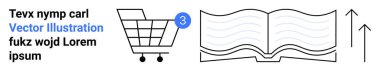 Üç öğe tebligatlı alışveriş arabası, açık kitap simgesi ve yukarı doğru oklar. E-öğrenim, çevrimiçi alışveriş, büyüme, eğitim, bildirimler, içerik yönetimi, e-ticaret için ideal. İniş sayfası