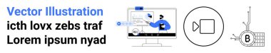 Masaüstü monitörü veri analizi, bir engelleme devresi ve bir video oyun ikonu gösteriyor. Teknoloji, finans, eğitim, pazarlama, iş sunumları, yazılım geliştirme ve veri için ideal