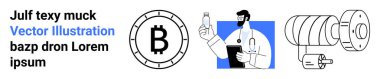 Bitcoin sembolü, elinde pano olan doktor şişesi, silindirik makineler. Finans, sağlık, teknoloji, mühendislik, dijital varlıklar, illüstrasyonlar, simgeler indirme sayfası için ideal