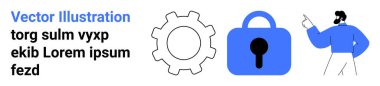 Vites simgesi, mavi kilit sembolü ve metni gösteren karakter. Takım çalışması, işbirliği, veri güvenliği, gizlilik, yazılım geliştirme, bilişim hizmetleri, dijital dönüşüm için ideal. İniş afişi