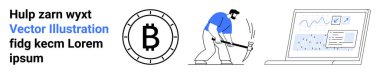 Bitcoin sembolü, kazmalı madencilik, grafik ve analizli dizüstü bilgisayar. Kripto para birimi, engelleme teknolojisi, veri analizi, yatırımlar, dijital para birimi eğitimi, pazar eğilimleri için ideal