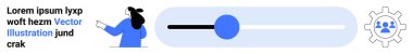 İlerleme kaydırıcıyı işaret eden kişi. Kullanıcı grubuyla ayar dişli simgesi. Kullanıcı arayüzü, web tasarımı, mobil uygulamalar, ayarlar, kullanıcı denetimi, ilerleme takibi, dersler için ideal. Pankart